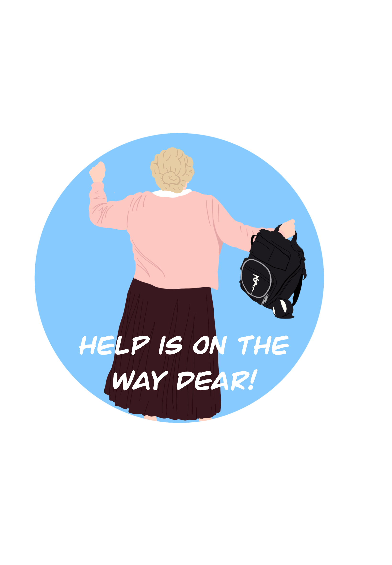 Help Is On The Way Dear sticker with Mrs. Doubtfire-inspired character holding a medical bag on a blue background