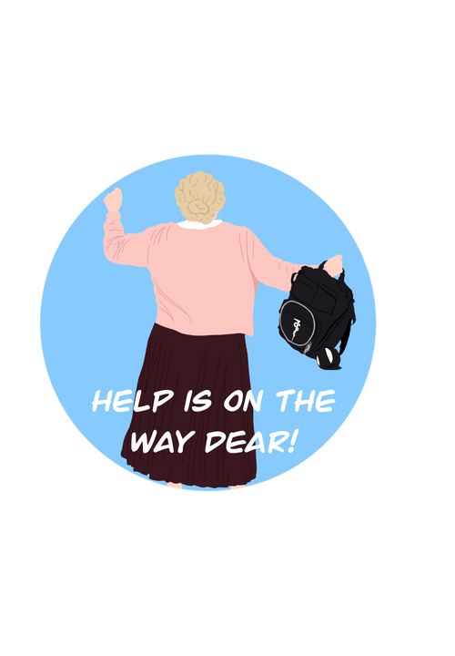 Help Is On The Way Dear sticker with Mrs. Doubtfire-inspired character holding a medical bag on a blue background